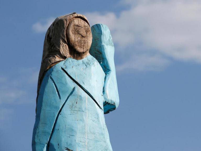 A wooden statue of Melania Trump has reportedly been erected in the first lady’s home country of Slovenia, despite criticism from locals. The conceptual statue – which depicts Ms Trump standing in the blue outfit she wore to her husband’s inauguration in 2016 - was commissioned by US artist Brade Downey and created by artist Ales Zupevc, known as Maxi, according to ITV.The life-sized statue is planted atop a wooden plank with shrubbery in a field near her hometown of Sevnica, according to photographs released this week.Locals complained about the statue, not due to the first lady’s affiliation with Donald Trump, but rather because they say the wooden sculpture does not look like Ms Trump at all. “It doesn’t look anything like Melania,” one local told the outlet. “It’s a smurfette. It’s a disgrace.”Another local reportedly echoed those comments, telling the reporter, “It’s not okay. It’s a disgrace. That’s what I have to say.”Mr Downey reportedly did not include any instructions with his request for the artist to build the conceptual design of the first lady - except that it must feature the same dress she wore to the inauguration. The first lady has become one of her home country’s most famous exports ever since her husband became the US president.Businesses and storefronts in Slovenia began selling Melania slippers, cake and even honey, branding their products with the first lady’s image.Ms Trump reportedly hired a local law firm in 2017 to prevent shops from using her likeness to sell products. The White House did not respond to requests for comment.