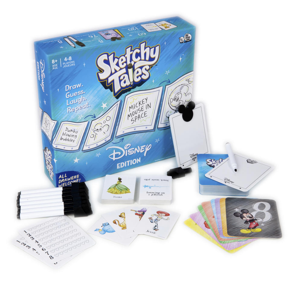 This product image shows items included in the Sketchy Tales, Disney Edition game where players take turns drawing classic Disney characters doing unusual things, such as Piglet mowing the lawn or Aladdin jumping out of a cake. Earn points for the best drawings and silliest guesses. The game is appropriate for ages 8 and up. (Big Potato via AP)