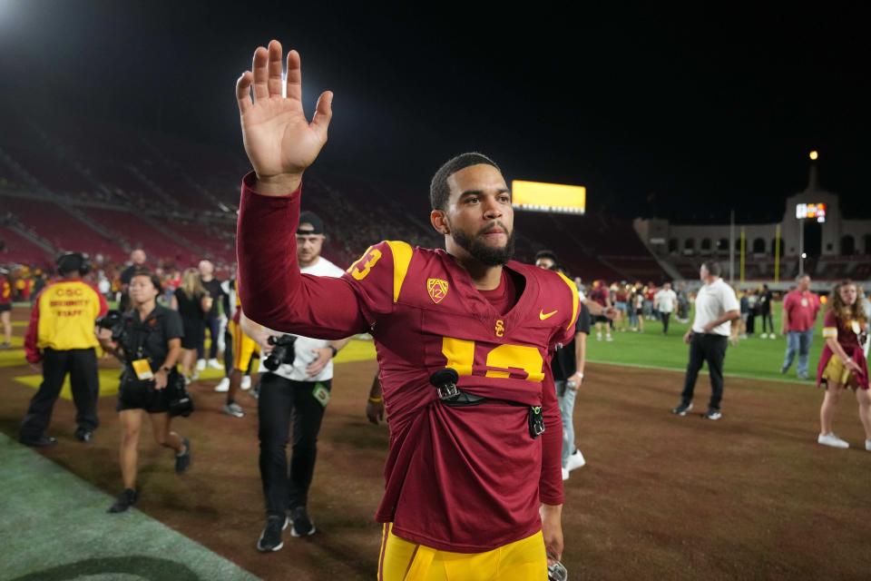 Sep 9, 2023; Los Angeles, California, USA; Southern California Trojans quarterback Caleb Williams (13) gestures after the game against the Stanford Cardinal at United Airlines Field at Los Angeles Memorial Coliseum. Mandatory Credit: Kirby Lee-USA TODAY Sports