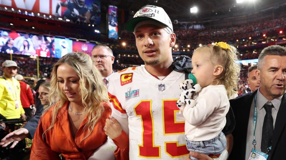 PHOTO: Patrick Mahomes #15 of the Kansas City Chiefs celebrates with his wife Brittany Mahomes and daughter Sterling Skye Mahomes after the Kansas City Chiefs beat the Philadelphia Eagles in Super Bowl LVII, Feb. 12, 2023, in Glendale, Ariz. (Christian Petersen/Getty Images)