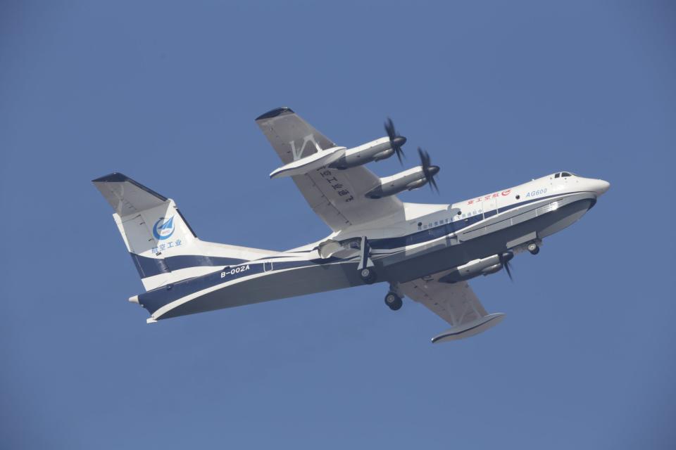 China's domestically developed AG600, the world's largest amphibious aircraft, takes off for its maiden flight in Zhuhai