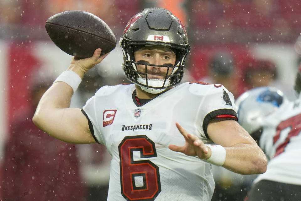 Tampa Bay Buccaneers quarterback Baker Mayfield against the Carolina Panthers during the first half of an NFL football game Sunday, Dec. 3, 2023, in Tampa, Fla. (AP Photo/Chris O'Meara)