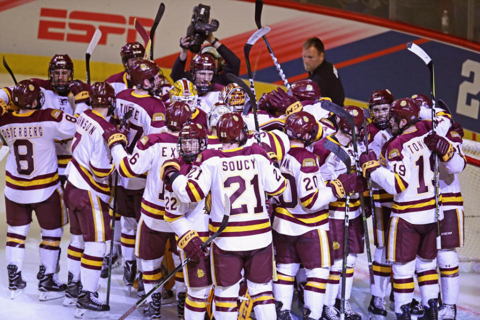 CHICAGO, IL – APRIL 06: during game one of the 2017 NCAA Division I Men’s Hockey Championship Semifinal at the United Center on April 6, 2017 in Chicago, Illinois. Minnesota-Duluth defeated Harvard 2-1. (Photo by Jonathan Daniel/Getty Images)