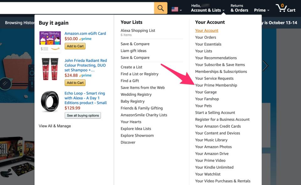 Click 'Your Prime Membership.'