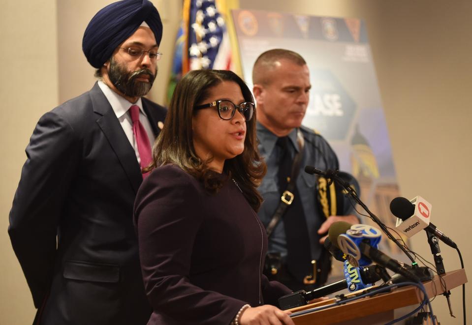 Passaic County prosecutor Camelia Valdes speaks during a news conference in Hackensack, New Jersey, on April 4, 2019. Her office recently announced charges against a Delaware man in the kidnapping of an 11-year-old New Jersey girl who authorities say he met on an online gaming platform.