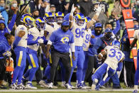 Los Angeles Rams safety Nick Scott (33) intercepts a pass during the second half of an NFL football game against the Seattle Seahawks, Thursday, Oct. 7, 2021, in Seattle. The Rams won 26-17. (AP Photo/Elaine Thompson)