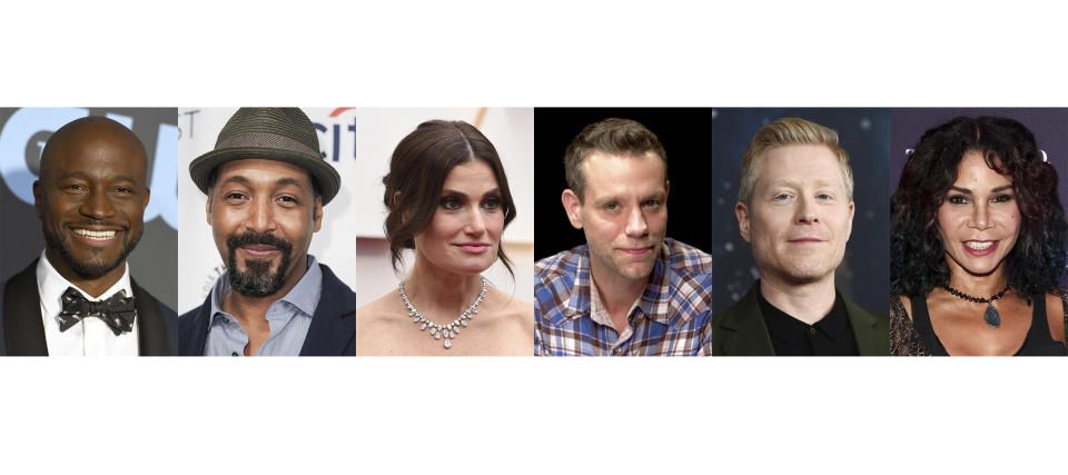 This combination photo shows notable cast members from the musical "Rent," from left, Taye Diggs, Jesse L. Martin, Idina Menzel, Adam Pascal, Anthony Rapp and Daphne Rubin-Vega. The New York Theater Workshop will celebrate the 25th anniversary of “Rent” with a gala on March 2 that will be available to stream through March 6. (AP Photo)