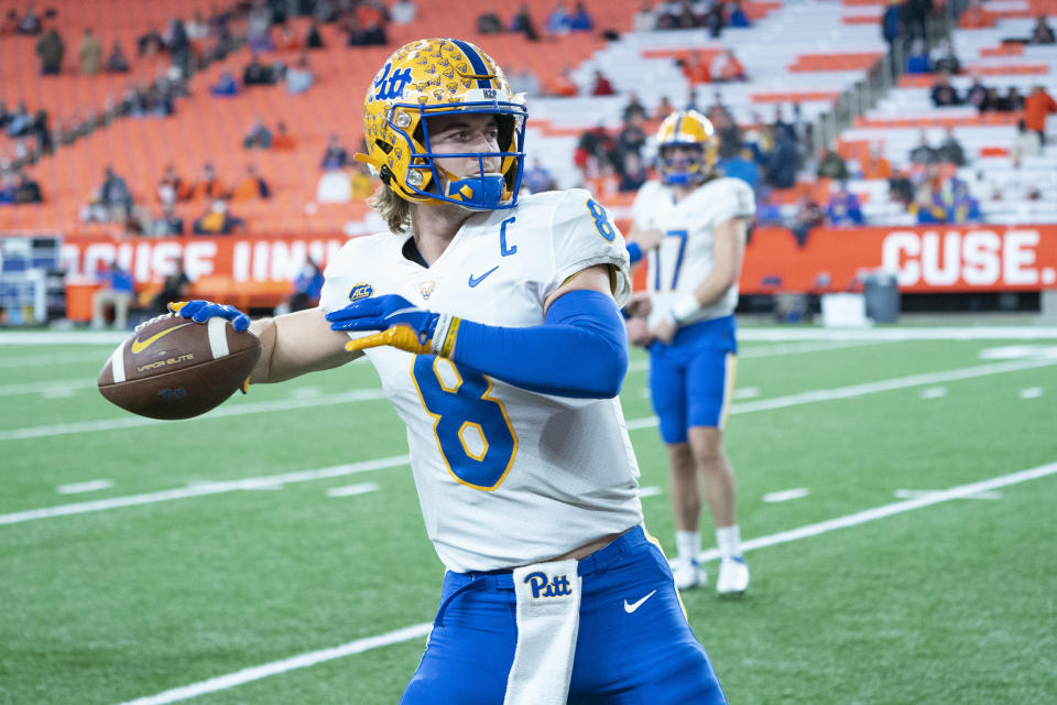 Pittsburgh Panthers quarterback Kenny Pickett (8) warms up prior to a college football game against Syracuse on Nov. 27. (Gregory Fisher/Icon Sportswire via Getty Images)