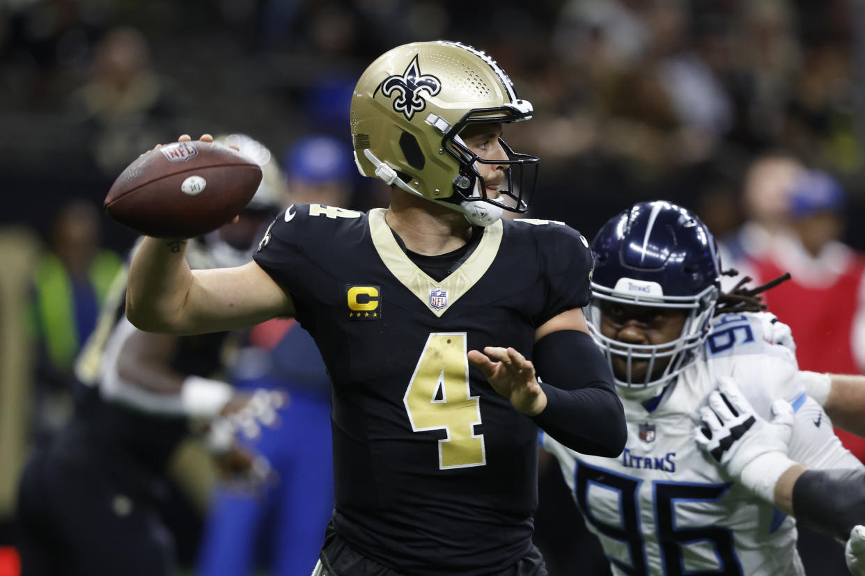New Orleans Saints quarterback Derek Carr (4) throws a pass against the Tennessee Titans during the second half of an NFL football game Sunday, Sept. 10, 2023, in New Orleans. (AP Photo/Butch Dill)