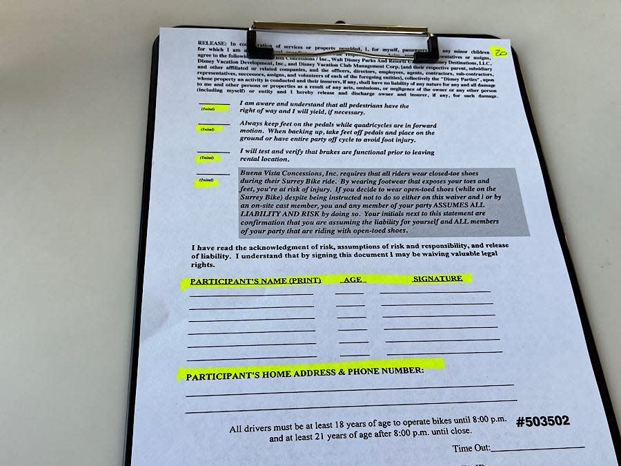 Waiver paperwork for riding the surrey bike.