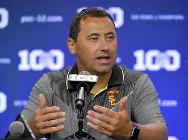 Former USC and Washington head coach Steve Sarkisian will reportedly be the Falcons’ new offensive coordinator. (AP)