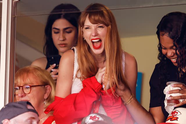 <p>David Eulitt/Getty</p> Taylor Swift reacts during a game between the Chicago Bears and the Kansas City Chiefs at GEHA Field at Arrowhead Stadium on September 24, 2023 in Kansas City, Missouri.