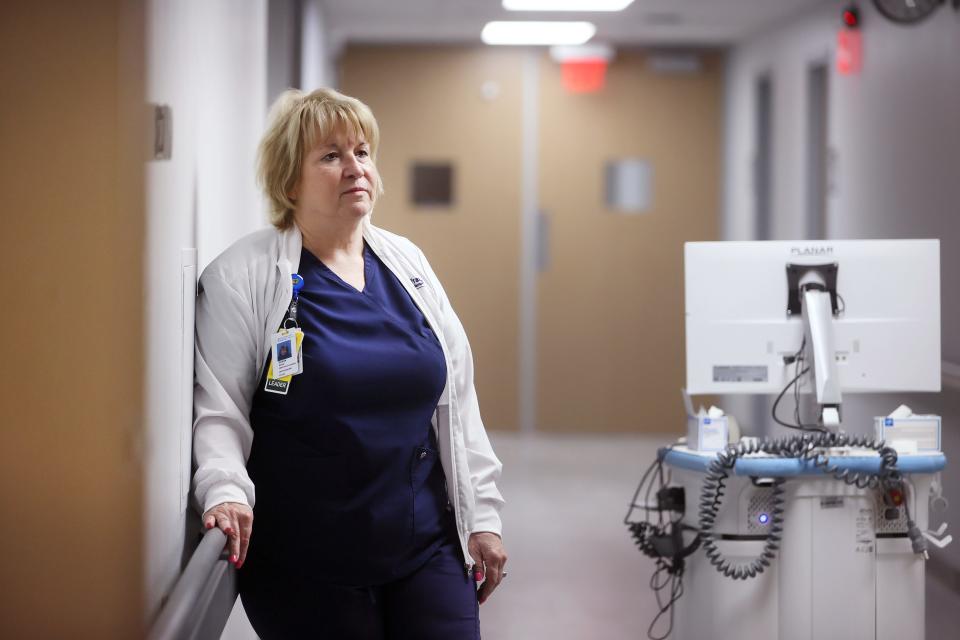 Nurse Susan Wood, director of the new novice nurse program inside Saint Francis Hospital's new oncology training wing, where experienced nurses will team with new caregivers for a hands-on learning experience that was lost during portions of the pandemic where bedside training was replaced with remote learning.