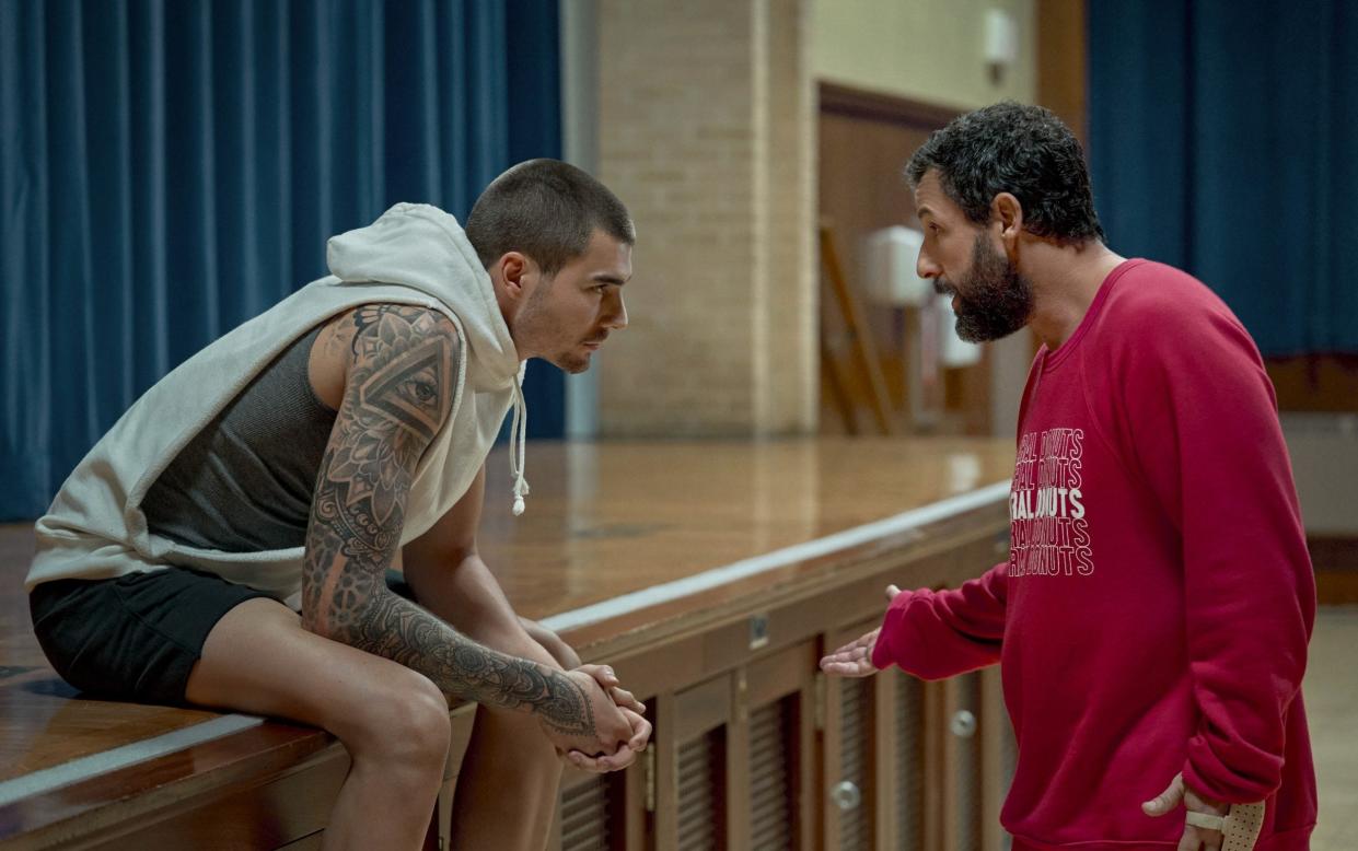 Juancho Hernangomez as Bo Cruz and Adam Sandler as Stanley Sugerman in Hustle - Netflix