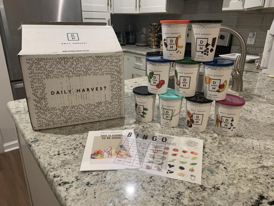 Danielle's trial Daily Harvest box. She received nine recipes, including a mix of soups, bowls, smoothies, bites and lattes.&nbsp; (Photo: Danielle Gonzalez / HuffPost Finds)