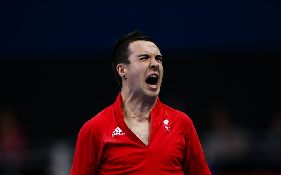 Great Britain's Will Bayley screams during his defeat to Germany's Jochem Wollmert in the men's single's class 7 gold medal match at the Excel Arena.