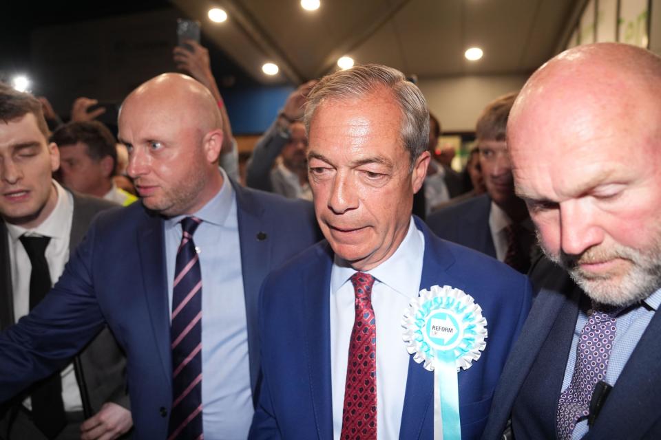 Reform UK leader Nigel Farage at Clacton Leisure Centre in Clacton, Essex, after he was declared the winner of the Clacton constituency in the 2024 General Election. Picture date: Friday July 5, 2024.