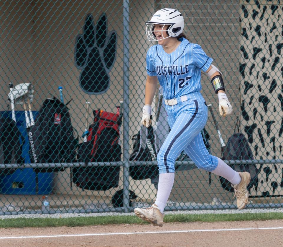 Louisville’s Anna Sirohman heads home after a hitting a home run against Nordonia on Wednesday, May 8, 2024.