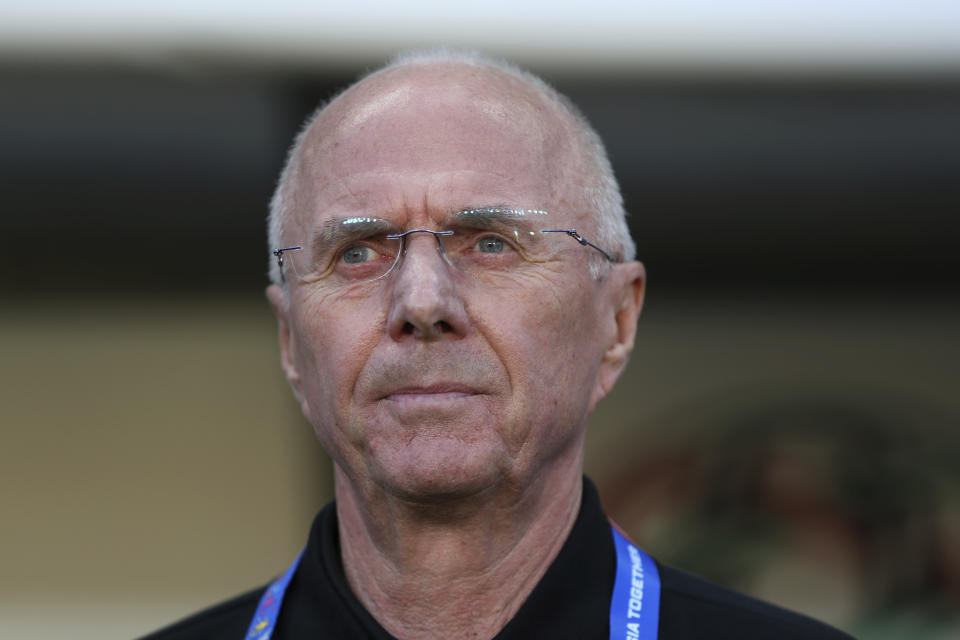 FILE - Then Philippines' head coach Sven-Goran Eriksson, looks on during the AFC Asian Cup group C soccer match between China and Phillipines at Mohammed Bin Zayed Stadium in Abu Dhabi, United Arab Emirates, Friday, Jan. 11, 2019. Swedish soccer coach Sven-Goran Eriksson says he has cancer and might have less than a year to live. The former England coach has told Swedish Radio he discovered he had cancer after collapsing suddenly. (AP Photo/Kamran Jebreili, File)