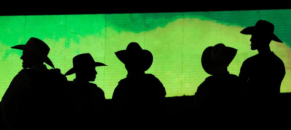 Austin Gamblers riders line up for introductions ahead of the second day of competition at the three-day Gambler Days event at Moody Center on Aug. 26. The Gamblers went on to secure the No. 1 seed for the postseason, but fell in the PBR's championship match. It was the second straight year the Gambers were the top seed.