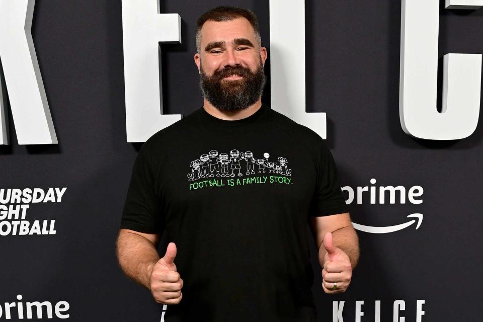 <p>Lisa Lake/Getty Images for Prime Video</p> Jason Kelce poses on the red carpet at the premiere of his Prime Video documentary "Kelce"