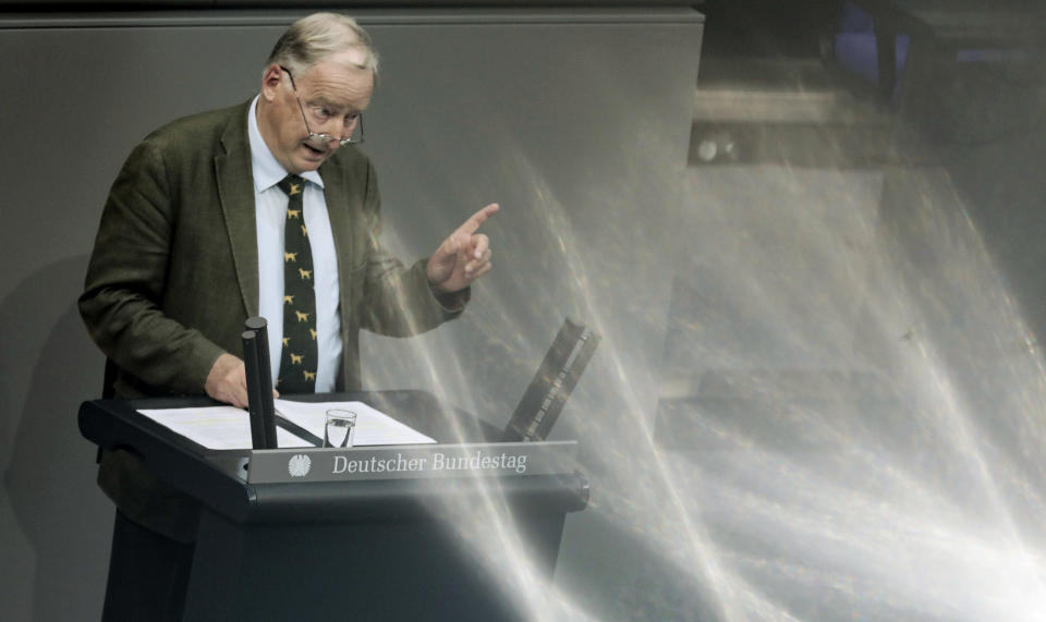 Alexander Gauland, co-faction leader of the Alternative for Germany party, delivers his speech during a plenary session of the German parliament Bundestag about the budget 2019, in Berlin, Wednesday, Sept. 12, 2018. (Kay Nietfeld/dpa via AP)