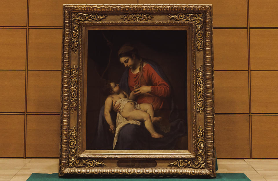 This handout picture provided by the Polish Institute in Tokyo on Wednesday, May 31, 2023 shows the precious 16th century baroque painting 'Madonna with Child' attributed to Alessandro Turchi, which was looted from a private Polish collection by Nazi Germany during World War II, and has been found in Japan and returned to Polish ownership. (Polish Institute in Tokyo/ Przemyslaw Sliwinski via AP)