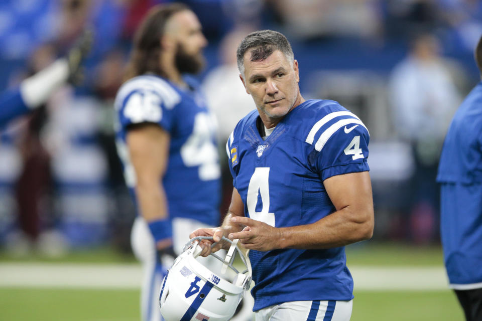 Indianapolis Colts kicker Adam Vinatieri (4) warms up for an NFL football game against the Atlanta Falcons, Sunday, Sept. 22, 2019, in Indianapolis. (AP Photo/AJ Mast)