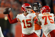 Kansas City Chiefs quarterback Patrick Mahomes (15) throws against the Denver Broncos during the first half of an NFL football game, Thursday, Oct. 17, 2019, in Denver. (AP Photo/Jack Dempsey)
