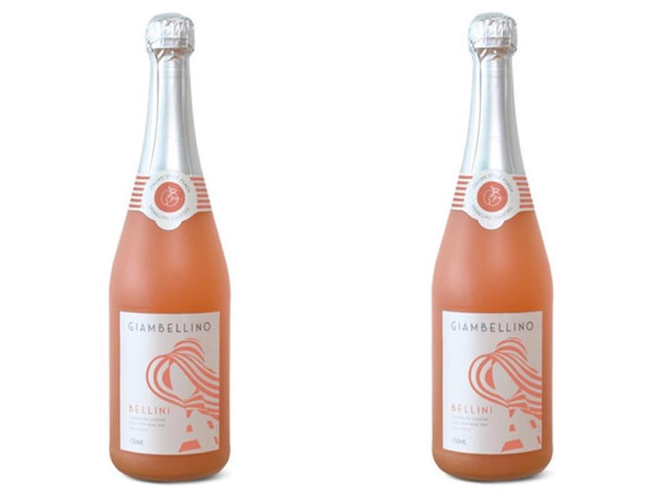 silver and pink bottle of peach bellini from Aldi