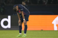 PSG's Kylian Mbappe reacts after the Champions League semifinal second leg soccer match between Paris Saint-Germain and Borussia Dortmund at the Parc des Princes stadium in Paris, France, Tuesday, May 7, 2024. (AP Photo/Christophe Ena)