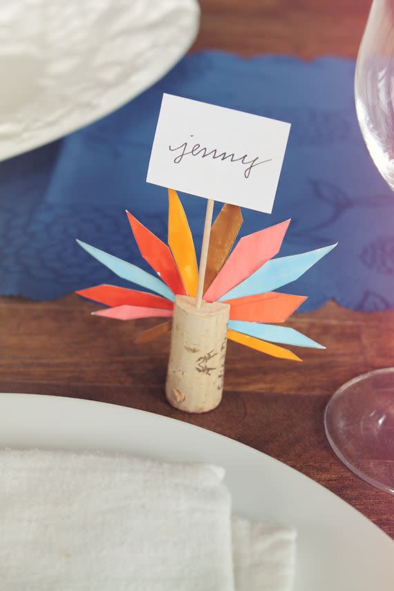 <p>Use wine corks and toothpicks to create tiny feathered place cards for each of your guests. </p><p><strong><em><a href="https://almostmakesperfect.com/diy-turkey-feather-place-cards/" rel="nofollow noopener" target="_blank" data-ylk="slk:Get the tutorial at Almost Makes Perfect;elm:context_link;itc:0;sec:content-canvas" class="link ">Get the tutorial at Almost Makes Perfect</a>. </em></strong></p><p><a class="link " href="https://www.amazon.com/AmazonBasics-Blank-Index-Cards-White/dp/B07X5CSNVH?tag=syn-yahoo-20&ascsubtag=%5Bartid%7C10070.g.2668%5Bsrc%7Cyahoo-us" rel="nofollow noopener" target="_blank" data-ylk="slk:SHOP INDEX CARDS;elm:context_link;itc:0;sec:content-canvas">SHOP INDEX CARDS</a></p>