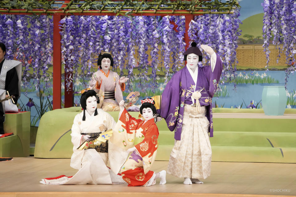 In this image released by Shochiku, Maholo Onoe, front center, performs as he makes his official stage debut at the Kabuki Theater in Tokyo, on May 2, 2023. He is one of the biggest emerging stars in Japan’s 420 year-old Kabuki theater. (Shochiku via AP)