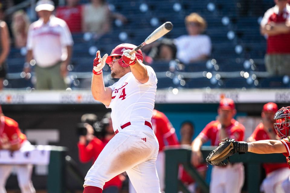 Nebraska's Max Anderson follows through on his swing during a semifinal game of the Big Ten Baseball Tournament against Maryland, Saturday, May 27, 2023, at Charles Schwab Field in Omaha, Neb.