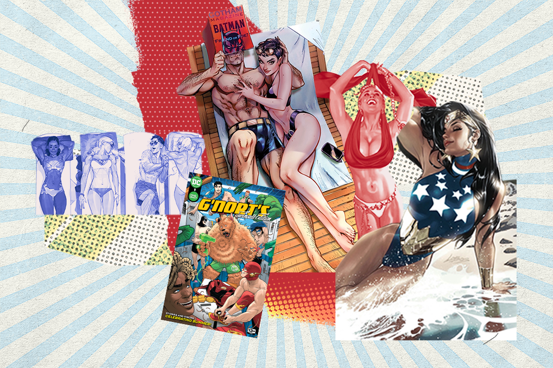 Batman and Wonder Woman are among the superheroes (and villains) modeling their finest beachwear in a comic riff on Sports Illustrated Swim. (Photo illustration: Yahoo Entertainment; images courtesy of DC Comics/Warner Bros.)