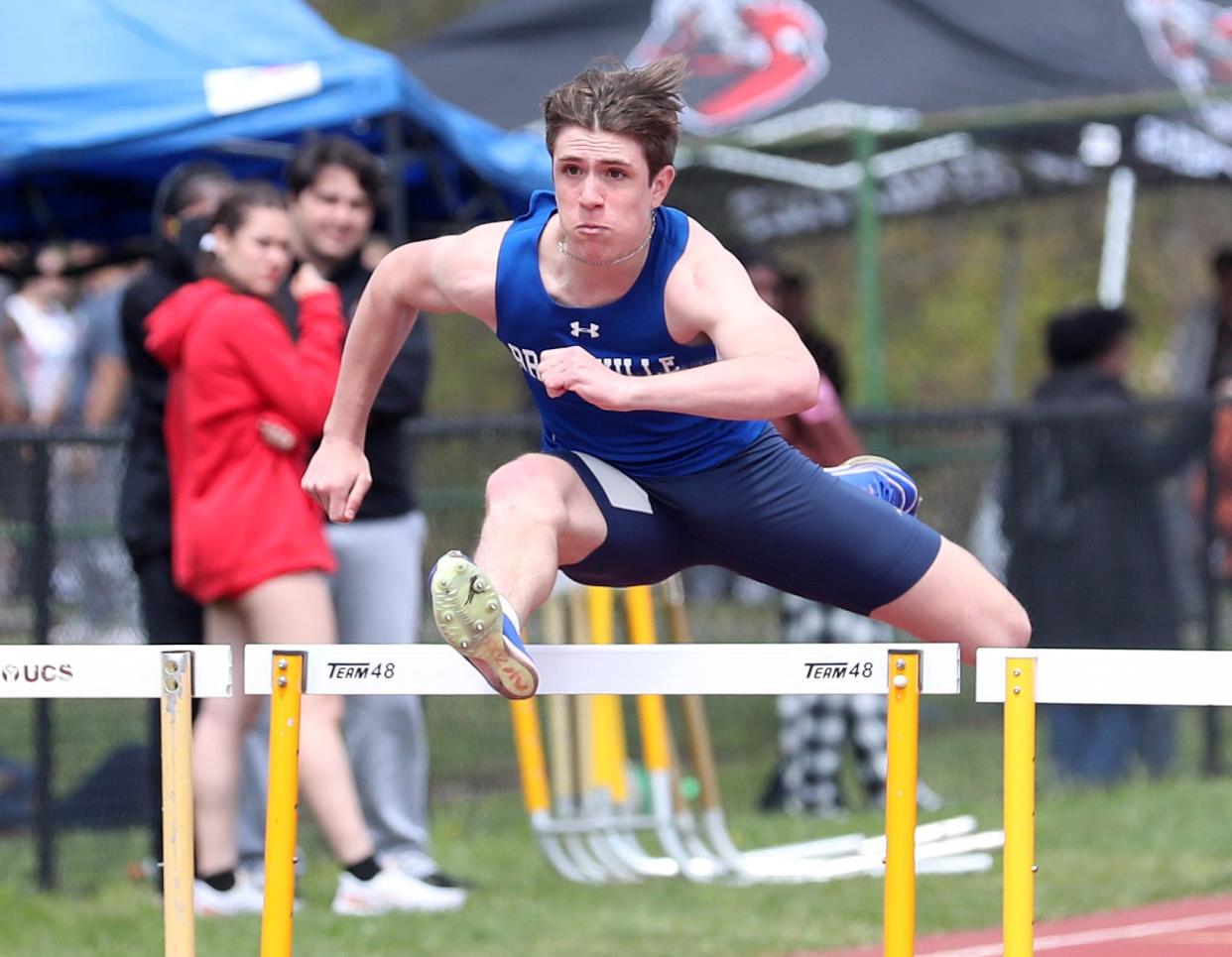 Bronxville's Wyatt Gravier on his way to winning the boys 200 Meter Hurdles at the annual Gold Rush Invitational track and field meet at Clarkstown South High School in West Nyack April 27, 2024.