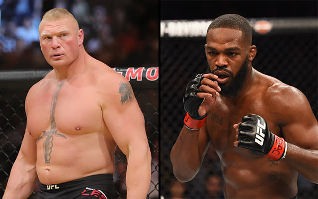 Brock Lesnar (L) and Jon Jones may meet in the Octagon, but it won't happen anytime soon. (Getty)