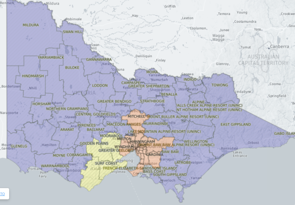 The map depicts the current restrictions in place for the entire state. Source: DHHS Victoria