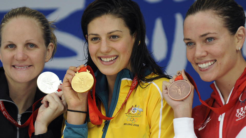 Stephanie Rice shot to prominence at the 2008 Beijing Olympics, winning three gold medals in the swimming. (TIMOTHY CLARY/AFP via Getty Images)