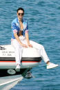 <p>Kendall’s on a boat! The model flaunted her toned abs while cruising around Mykonos, Greece. We can’t help but wonder… where’s her travel partner and bestie, Bella Hadid? (Photo: Backgrid) </p>