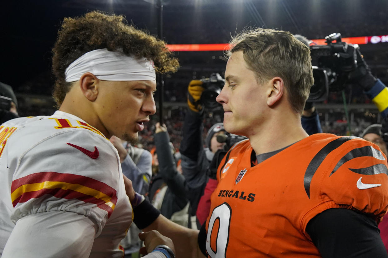 Cincinnati Bengals quarterback Joe Burrow (9) and Kansas City Chiefs quarterback Patrick Mahomes (15) meet again in an AFC championship game. (AP Photo/Jeff Dean)