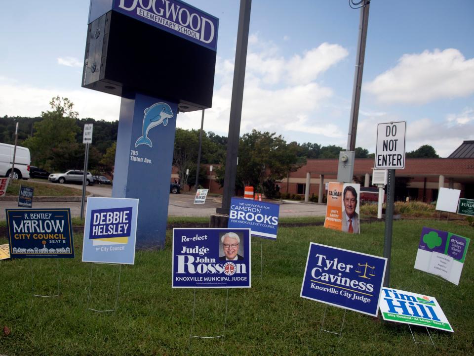 City races will be decided Nov. 7. During the primary Aug. 29, candidates’ signs are arrayed at Dogwood Elementary.