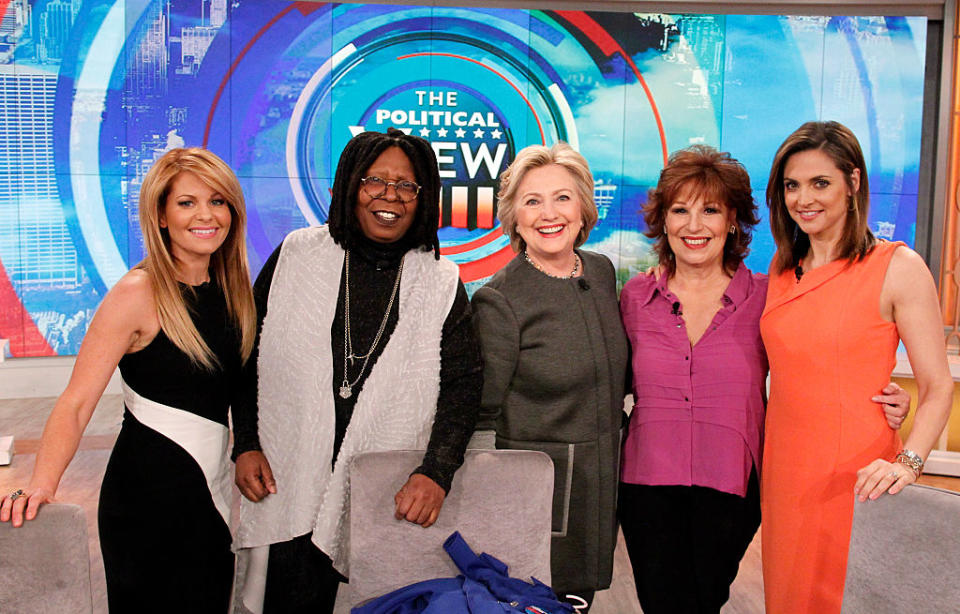 Five women smiling on set of 'The Political View' TV show
