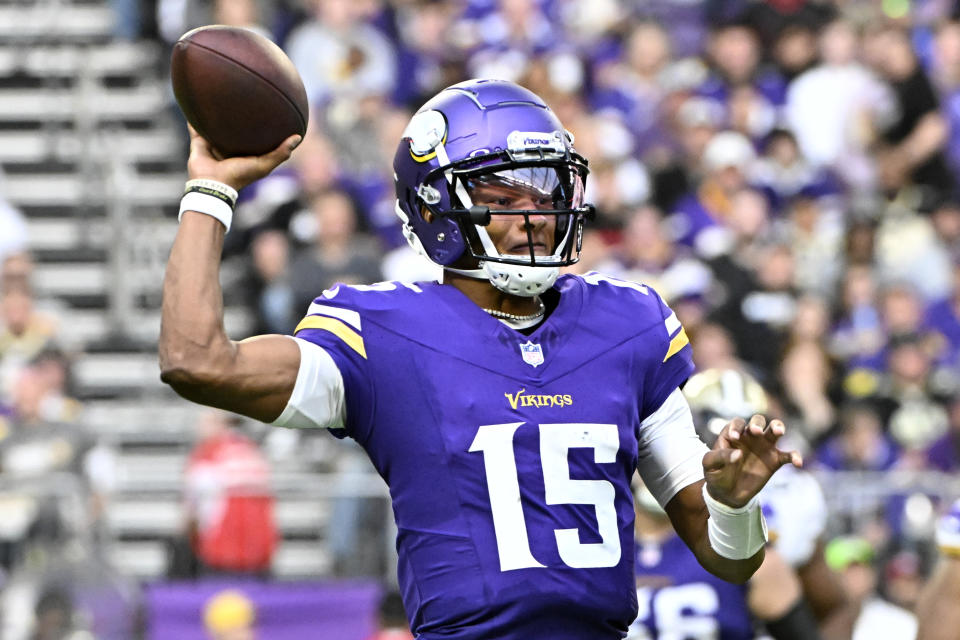 MINNEAPOLIS, MINNESOTA – NOVEMBER 12: <a class="link " href="https://sports.yahoo.com/nfl/players/30248" data-i13n="sec:content-canvas;subsec:anchor_text;elm:context_link" data-ylk="slk:Joshua Dobbs;sec:content-canvas;subsec:anchor_text;elm:context_link;itc:0">Joshua Dobbs</a> #15 of the Minnesota Vikings throws a pass against the New Orleans Saints during the fourth quarter at U.S. Bank Stadium on November 12, 2023 in Minneapolis, Minnesota. (Photo by Stephen Maturen/Getty Images)