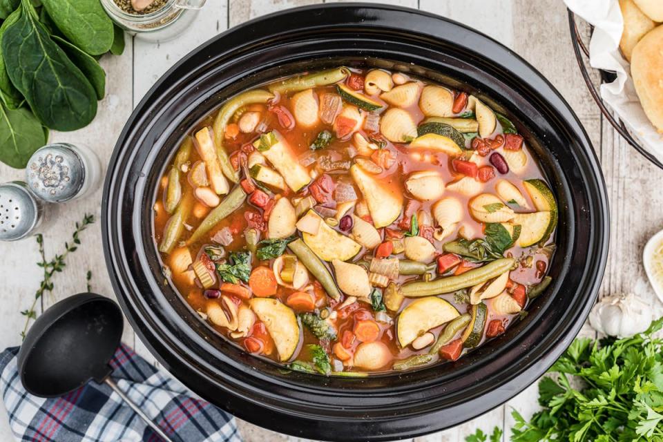 <p>The Magical Slow Cooker</p><p>A vegetarian soup filled with not only vegetables, but beans and pasta too!</p><p><strong>Get the Recipe: <a href="https://www.themagicalslowcooker.com/slow-cooker-minestrone-soup/" rel="nofollow noopener" target="_blank" data-ylk="slk:Crock Pot Minestrone Soup;elm:context_link;itc:0;sec:content-canvas" class="link ">Crock Pot Minestrone Soup</a></strong></p>