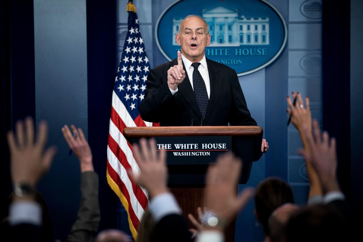White House Chief of Staff John Kelly speaks about President Trump’s calls to fallen service members next of kin during a briefing at the White House October 19, 2017 in Washington. (Photo: Smialowski/AFP/Getty Images)