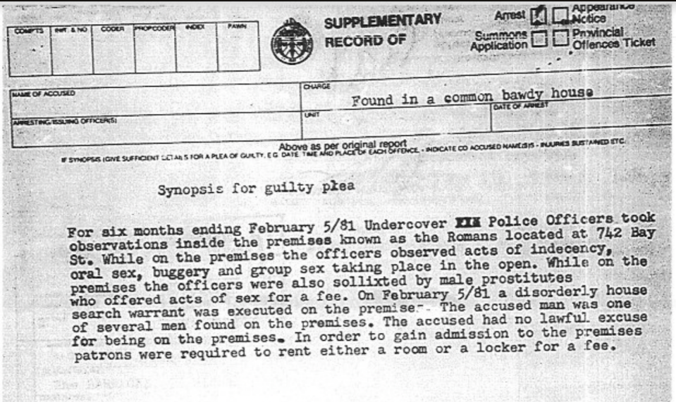 A 1981 rap sheet shows how police described a bawdy house arrest. Toronto Police via Freedom of Information request, Author provided