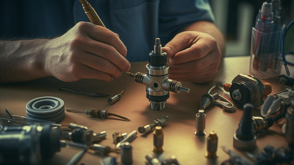 A technician assembling a custom coaxial connector from individual components.