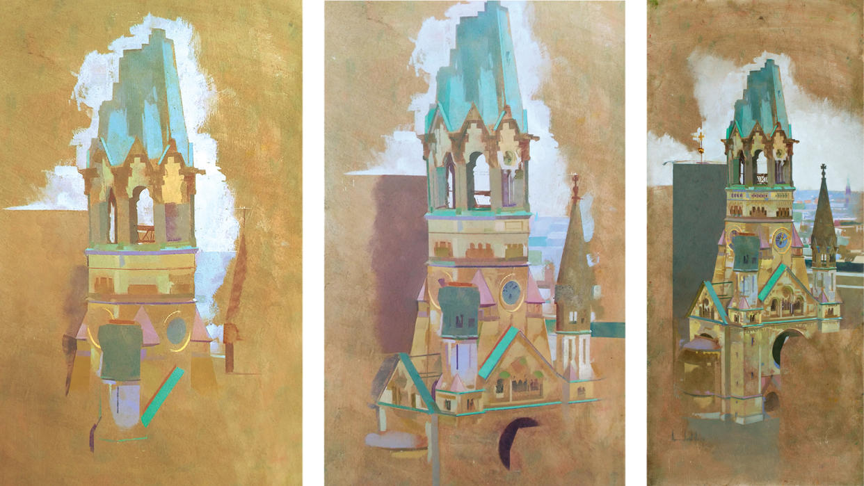  Three progress paintings of a church 