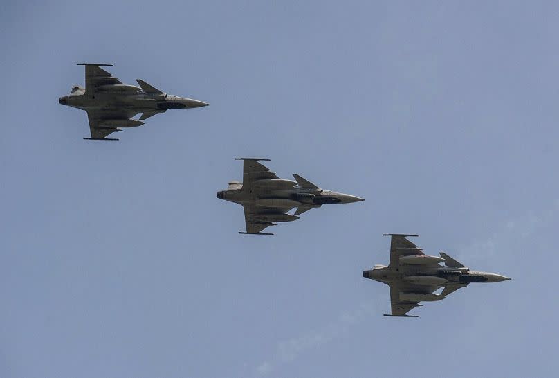 Three Saab JAS-39 Gripen aircrafts of the Hungarian Air Force returning from the 55th NATO Tiger Meet Aviation Exercise in Kecskemet, May 2016